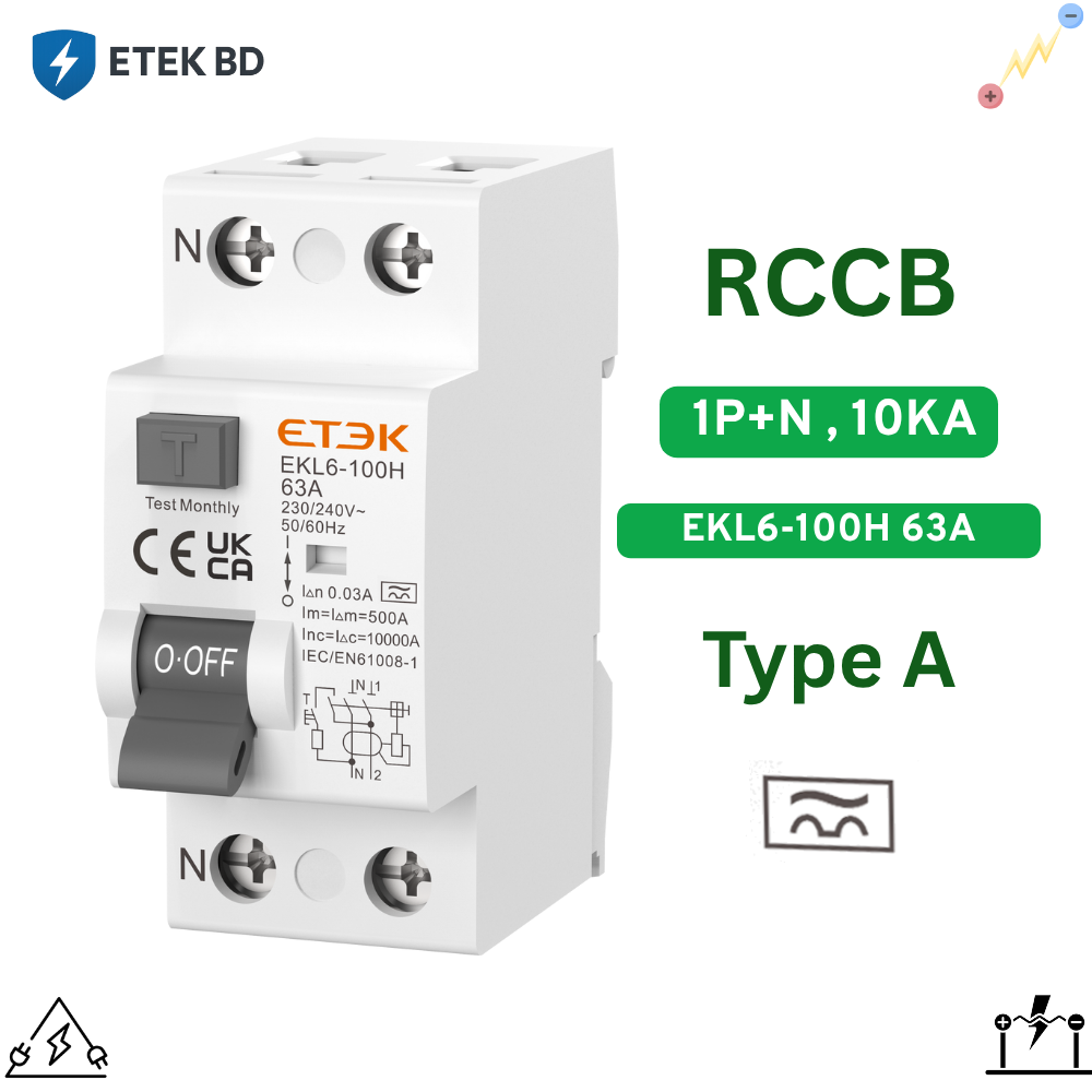 RCCB 10KA EKL6-100H 2P (1P+N) 63A 30mA (Type A) 63A