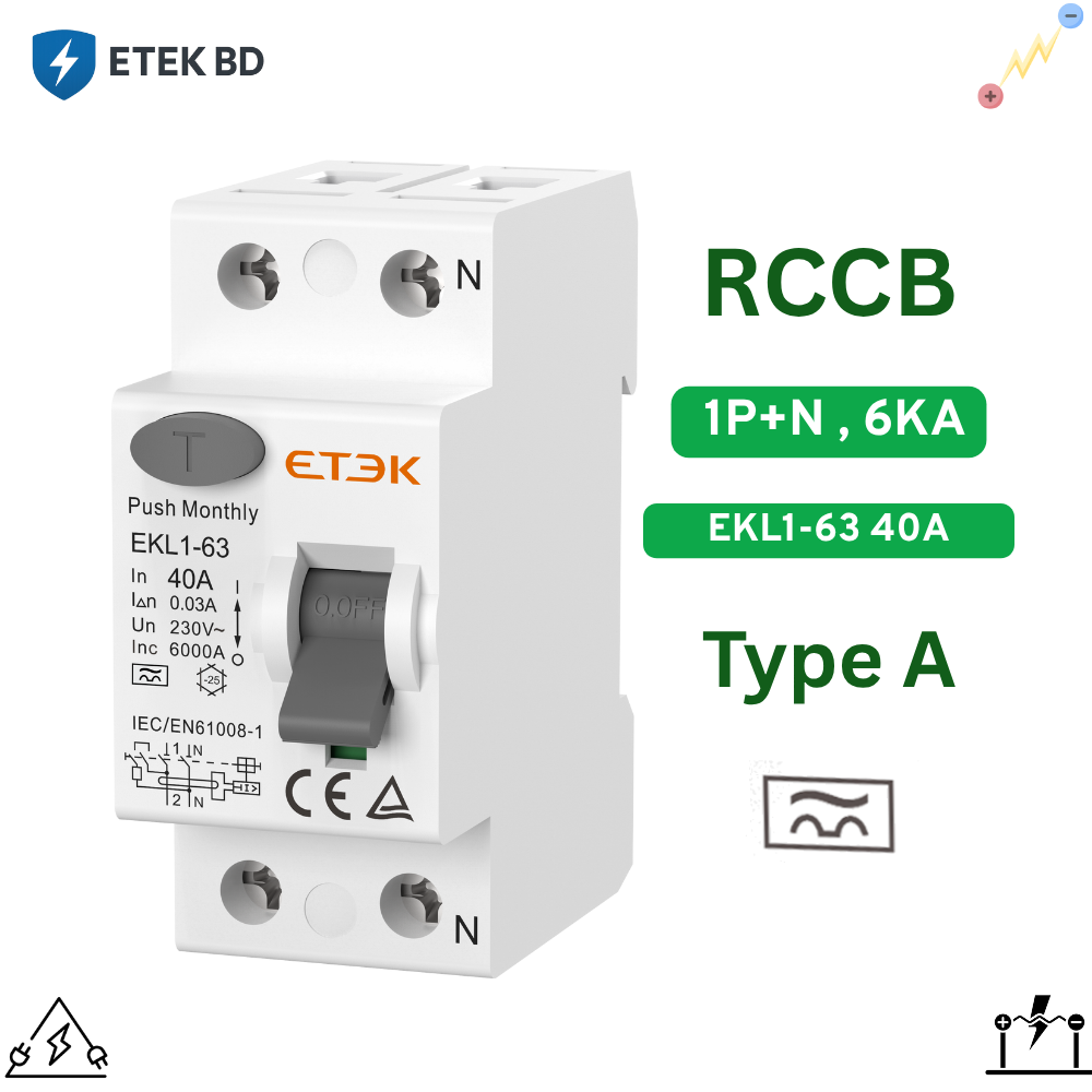 RCCB 6KA EKL1-63 2P (1P+N) 30mA (Type A) 40A