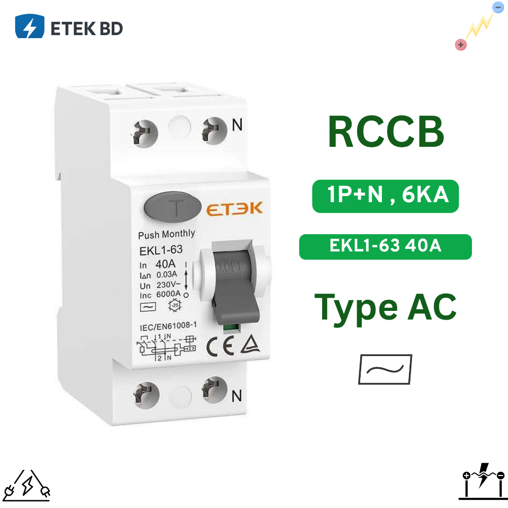 RCCB 6KA EKL1-63 2P(1P+N) 30mA (TypeAC) 40A